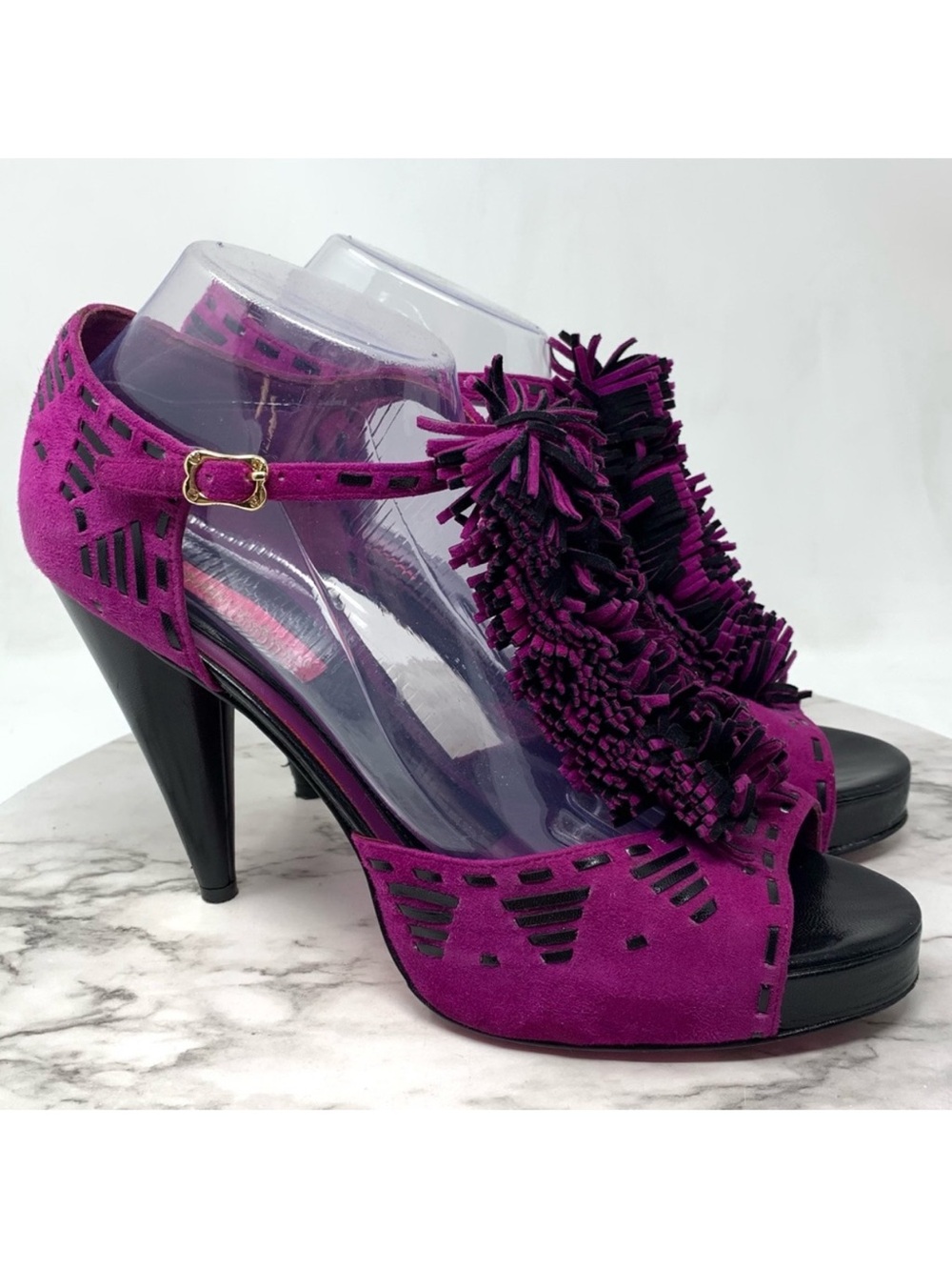 Betsey Johnson T-Strap Fringe Suede Peep-Toe Pumps 10 Pinup Retro Fun Party